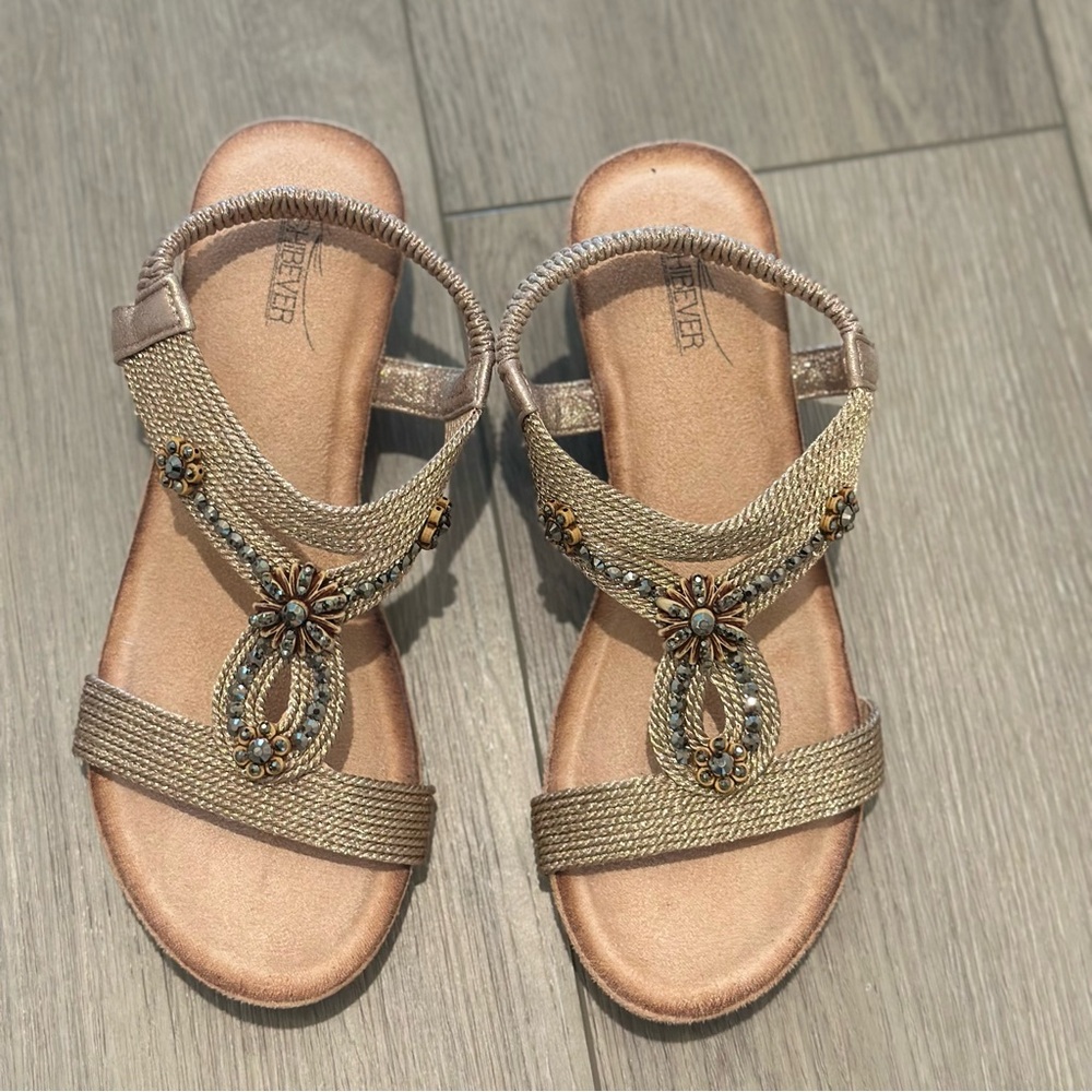 Shibever womens EU 39 US 8 Beaded. Elastic Ankle Strap Casual Wedges